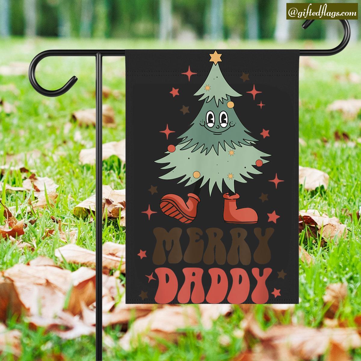 Merry Daddy Christmas Tree Face Groovy Matching Family Garden Flag, House Flag