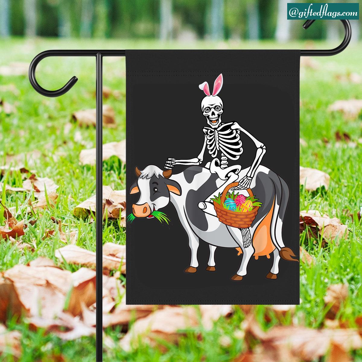 Bunny X Ray Skeleton Riding Cow With Easter Eggs Basket Garden Flag, House Flag