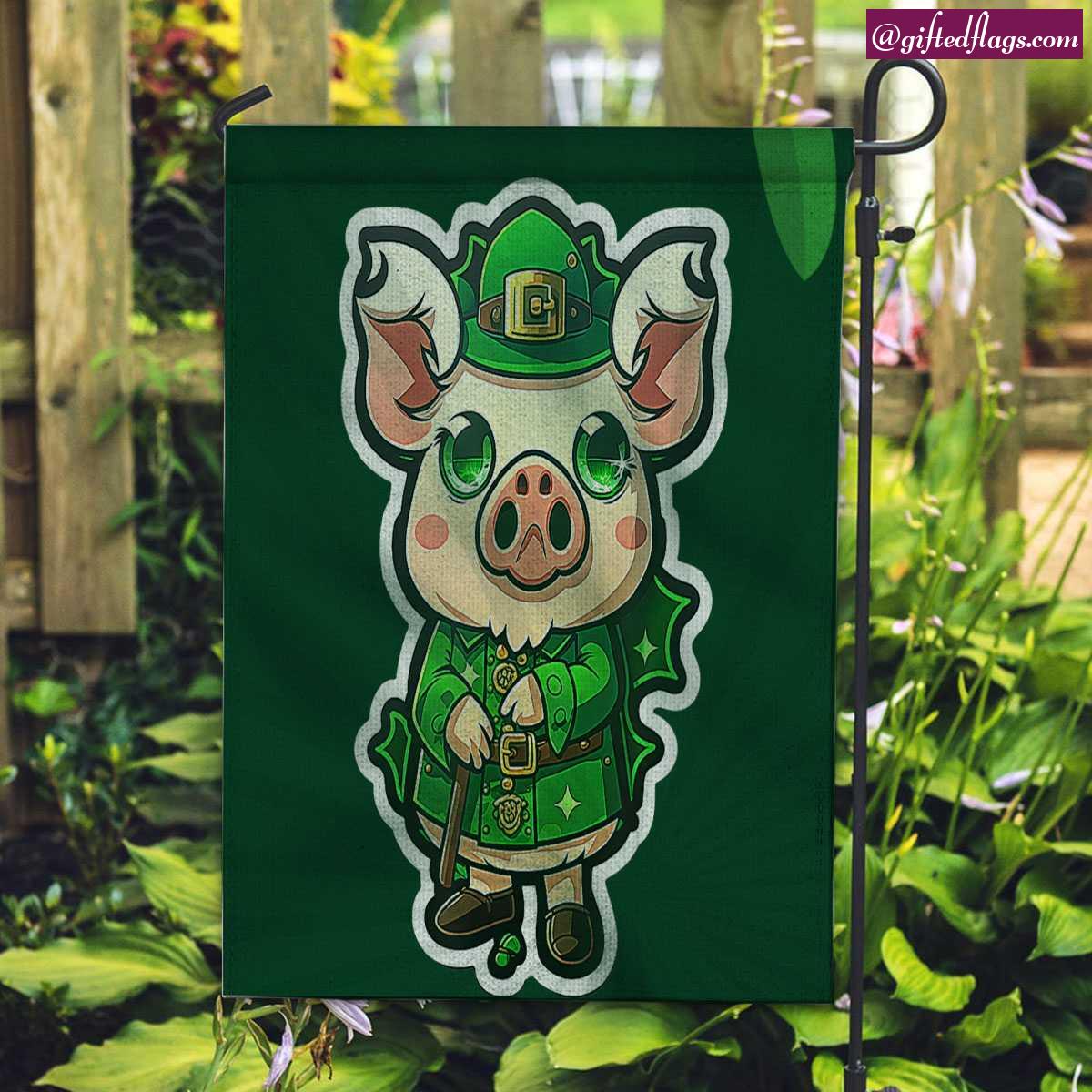 Clover Pig Holding Saint Patrick Hat Garden Flag, House Flag