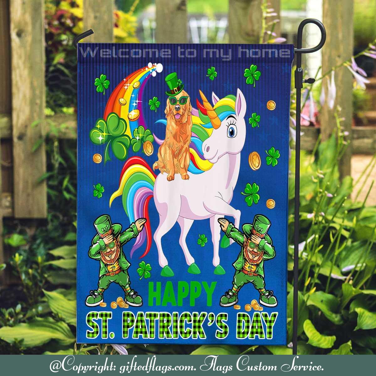 Happy St Patrick's Day Golden Retriever Riding Unicorn Garden Flag, House Flag