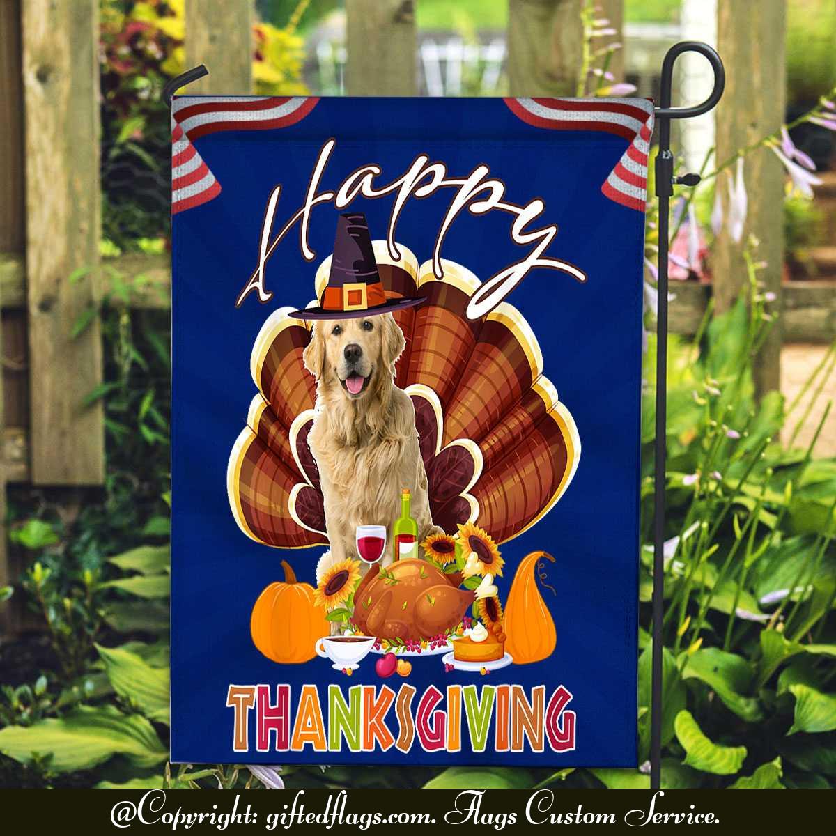 Happy Thanksgiving Golden Retriever As Turkey Eating Dinner Garden Flag, House Flag
