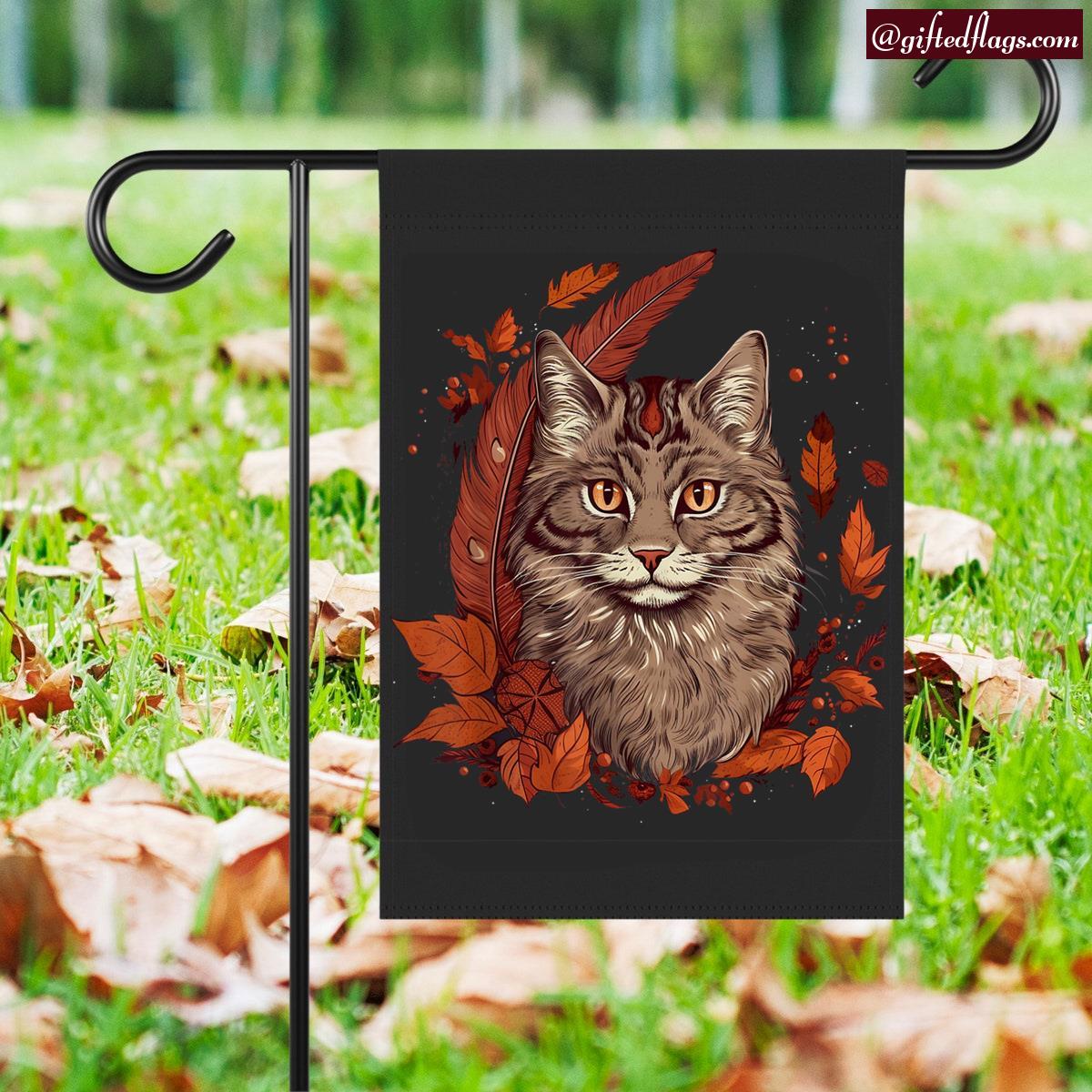 Cat Fall Leaves Thanksgiving Day Kitten Kitty Autumn Garden Flag, House Flag