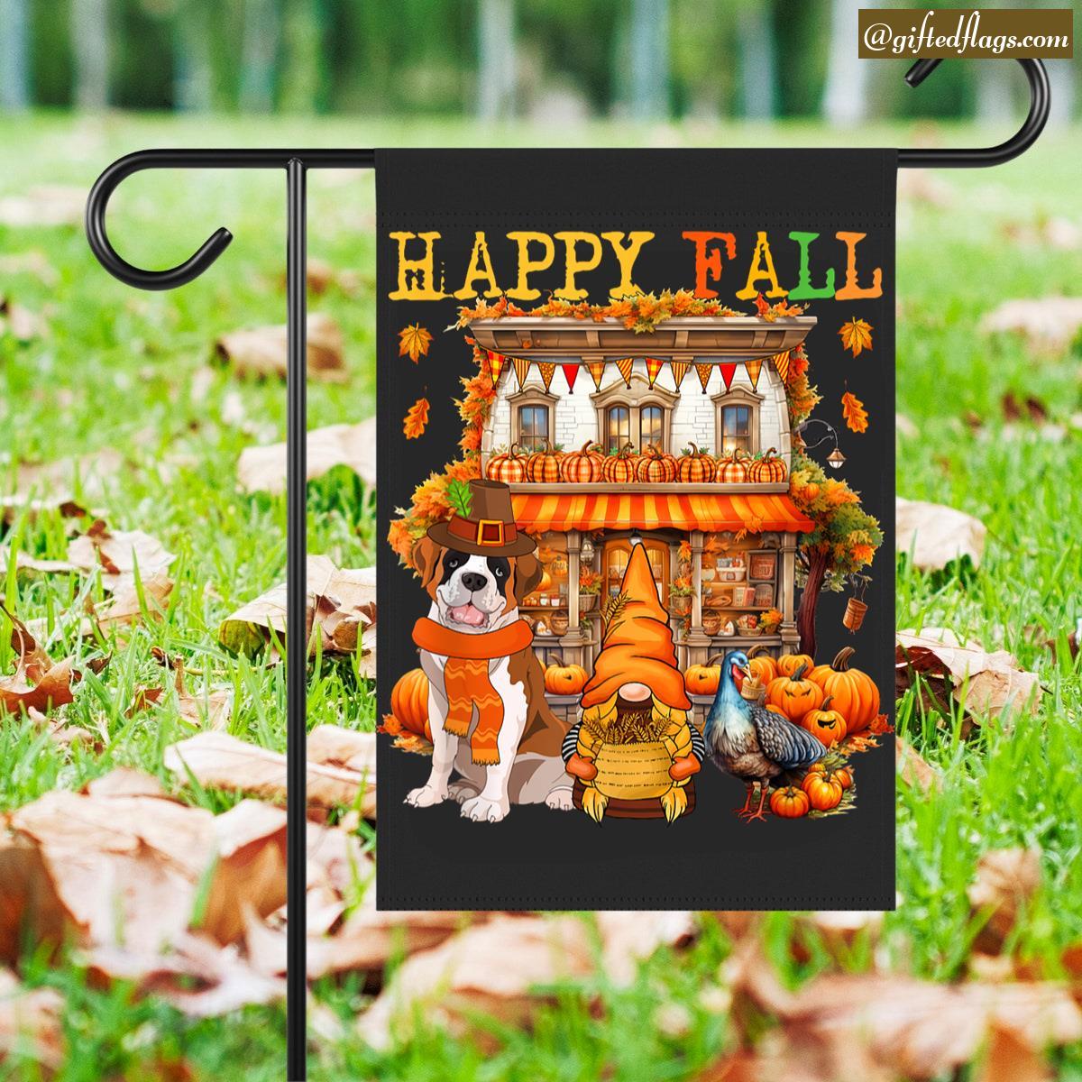 Happy Autumn Thanksgiving St Bernard Gnome Turkey Pumpkins Garden Flag, House Flag