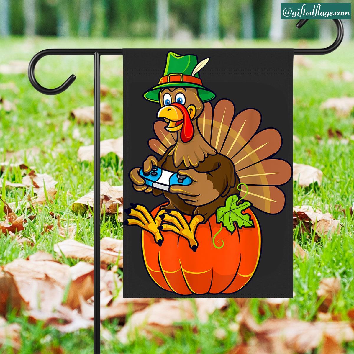 Thanksgiving Turkey Gamer Gaming Fall Youth Garden Flag, House Flag