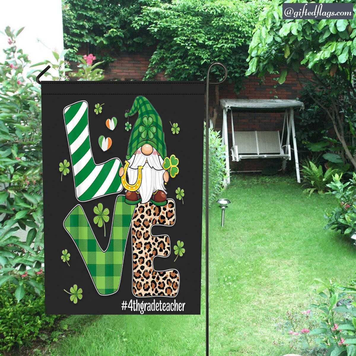 Love Gnomes 4th Grade Teacher St Patricks Leopard Teacher Garden Flag, House Flag