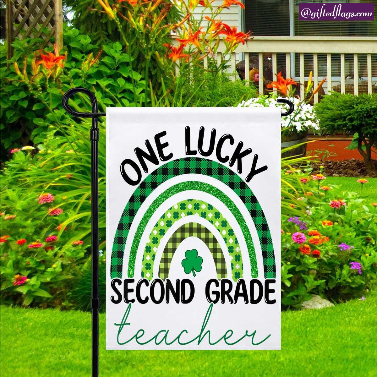 One Lucky 2nd Grade Teacher Rainbow St Patrick Day Garden Flag, House Flag