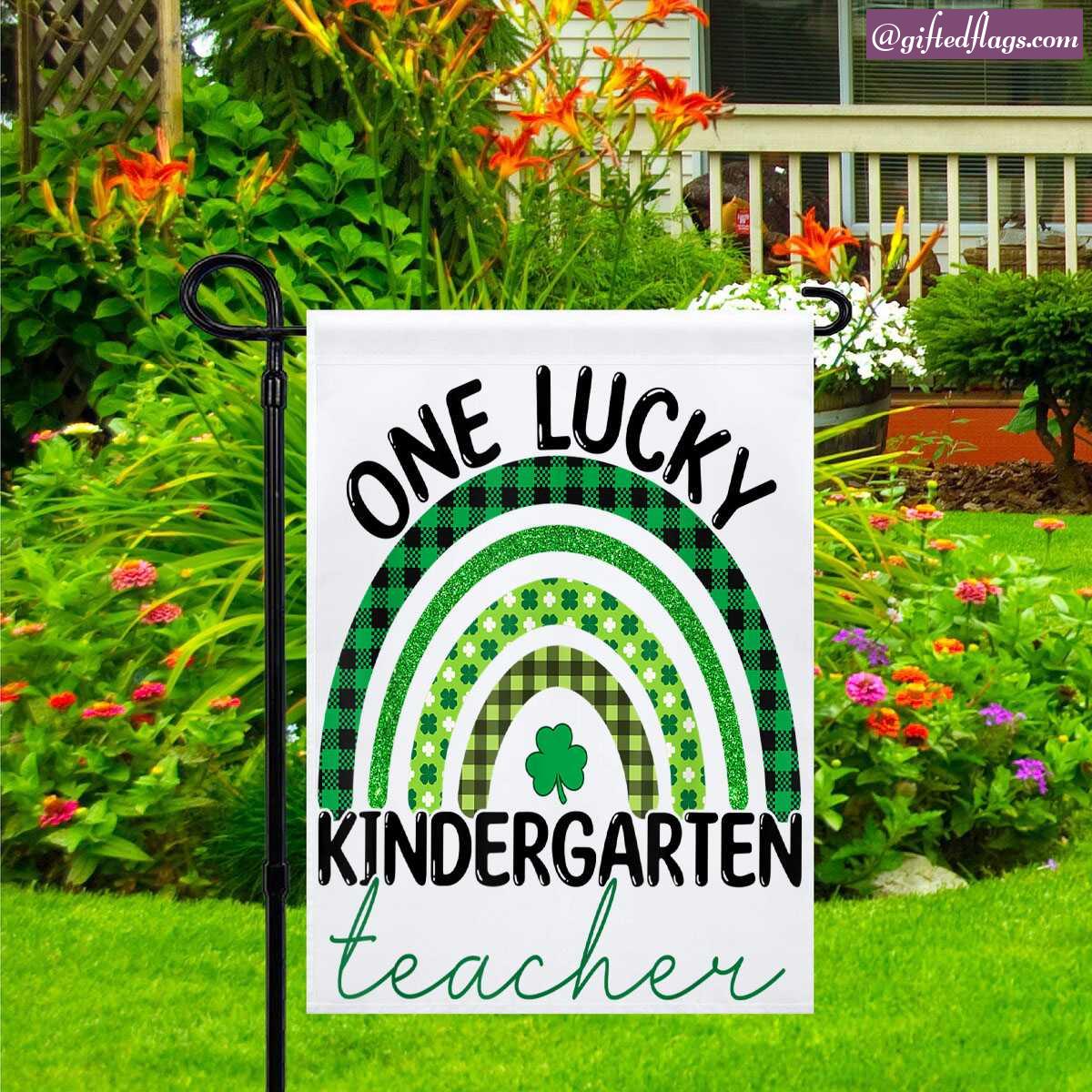 One Lucky Kindergarten Teacher Rainbow Patrick Day Garden Flag, House Flag