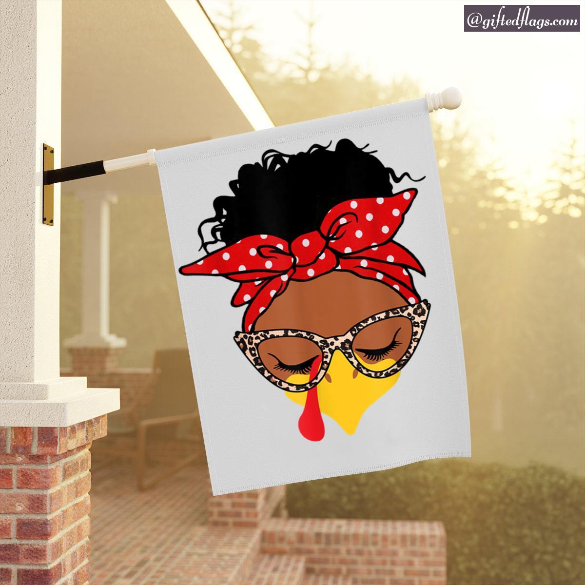 Melanin Messy Bun Face Turkey Funny Thanksgiving Garden Flag, House Flag