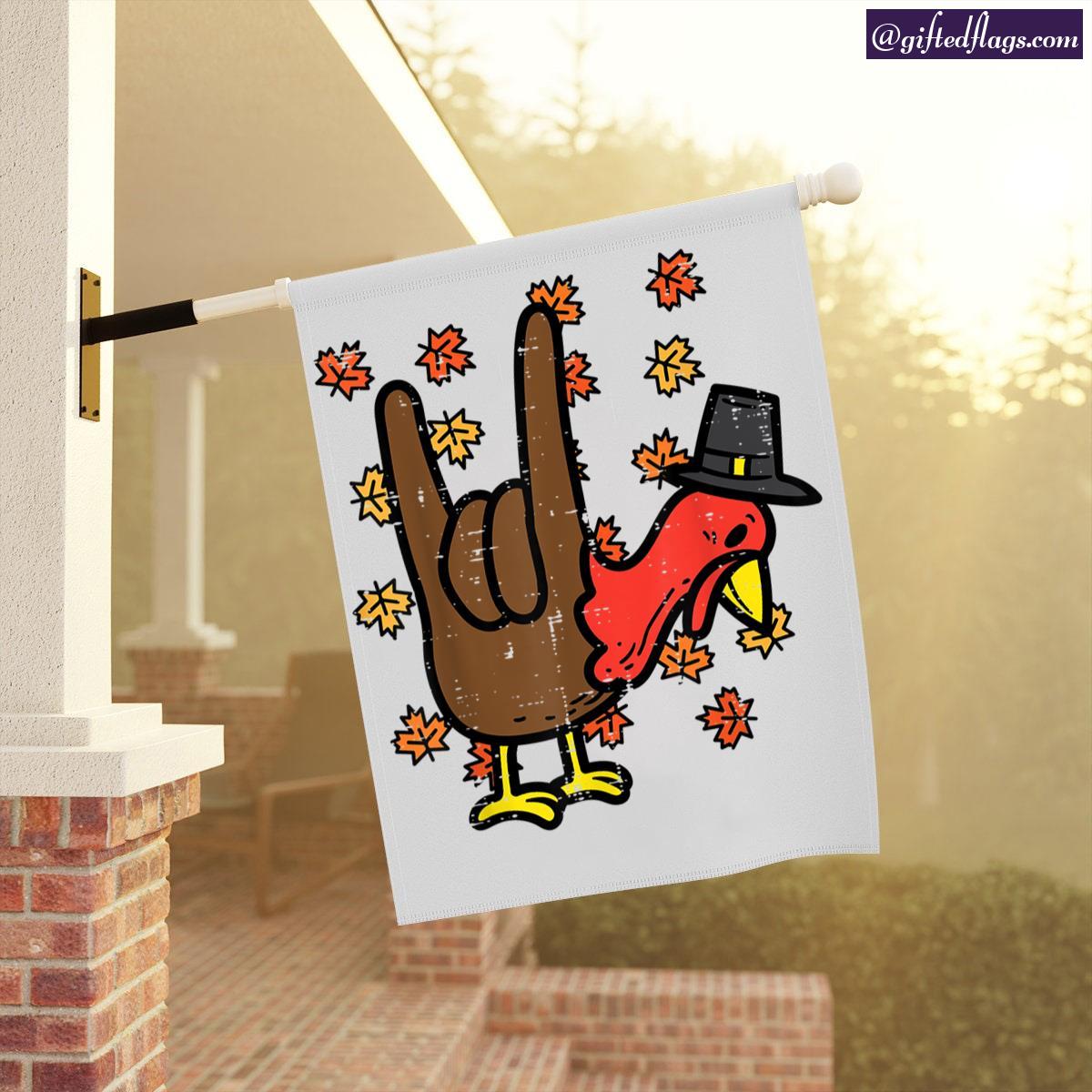 Thanksgiving Turkey Hand Rock Roll Fall Garden Flag, House Flag