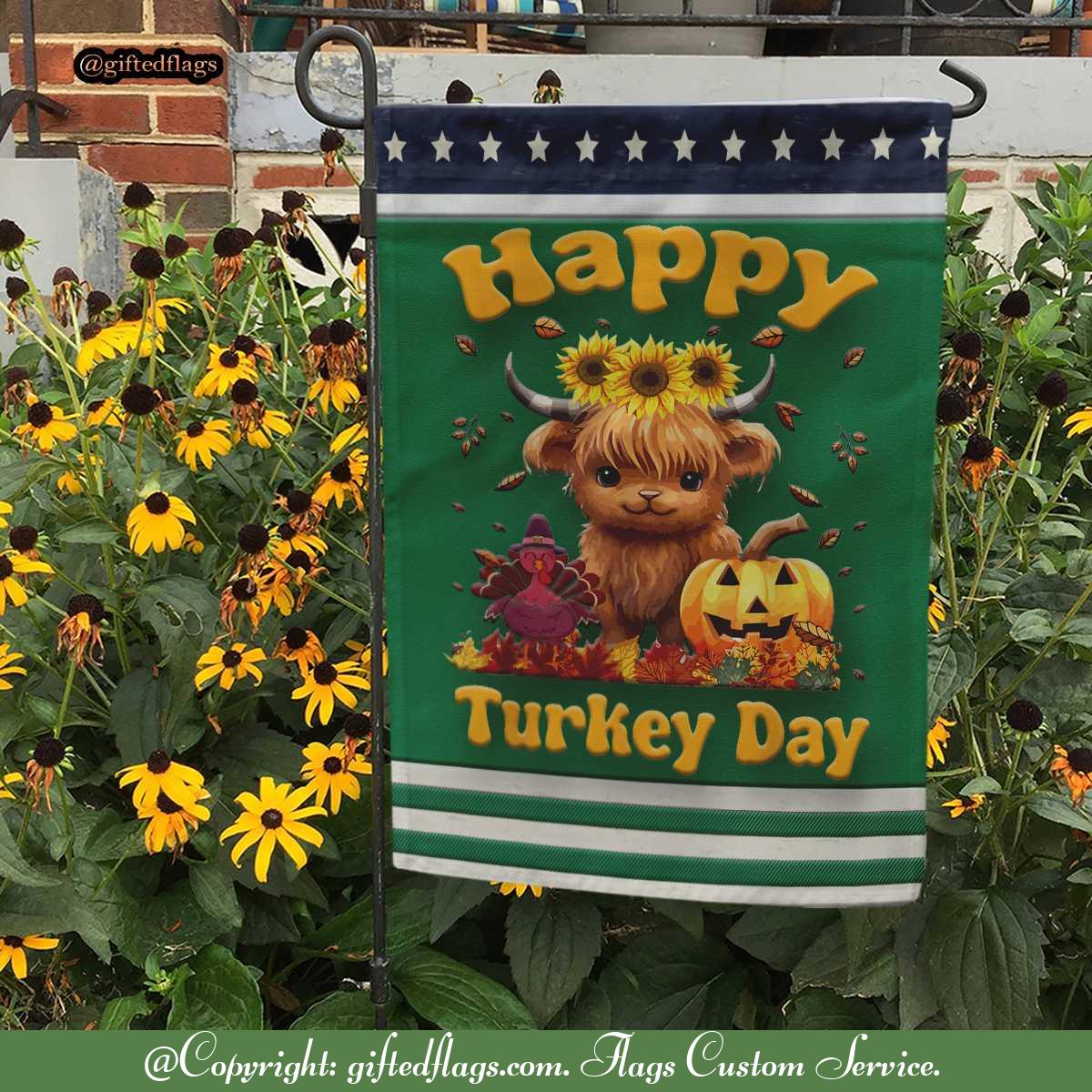 Happy Turkey Day Baby Highland Cow Autumn Fall Thanksgiving Garden Flag, House Flag