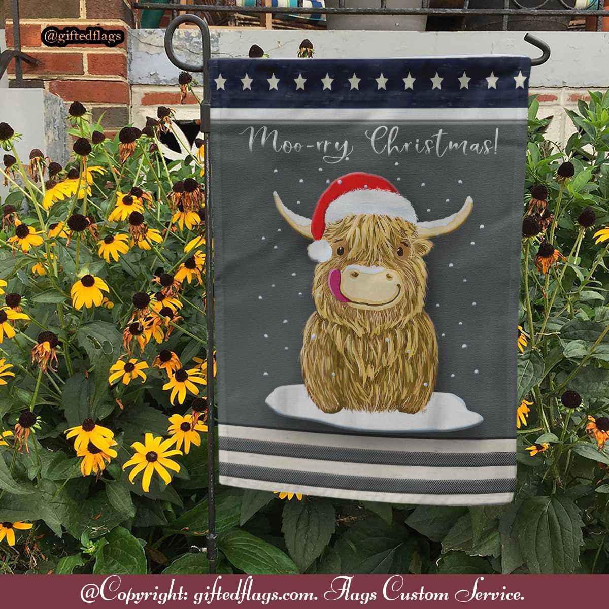 Highland Cow Merry Christmas Snow Garden Flag, House Flag