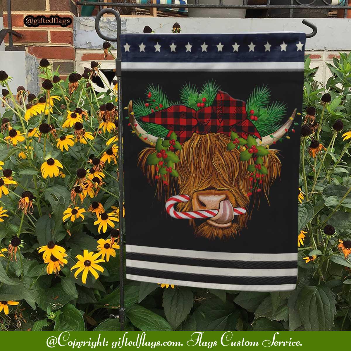 Highland Cow Red Plaid Candy Cane Cow Lover Mooey Christmas Garden Flag, House Flag